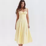 Retro French Style Yellow Midi Tank Dress with Corset and Bow Details