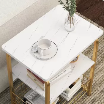 Marble-Textured Wood MDF Coffee Table with Stainless Steel Frame