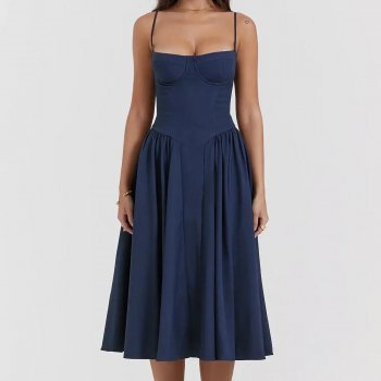Elegant Summer Spaghetti Strap A-line Midi Dress for Women