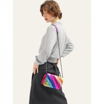 Colorful Striped Flap Handbag with Metal Chain