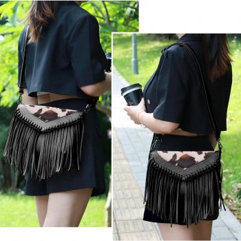 Bohemian Animal Print Crossbody Bag with Tassel Fringe