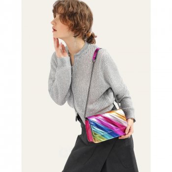 Colorful Striped Flap Handbag with Metal Chain