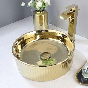 Luxury Gold Round Ceramic Vessel Sink and Faucet Combo