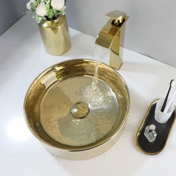 Luxury Gold Round Ceramic Vessel Sink and Faucet Combo