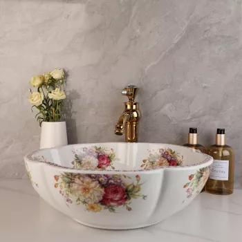 Ceramic Vessel Sink with Peony Flower Design