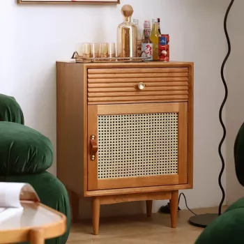 Elegant Solid Wood Nightstand with Rattan Storage - Modern Moroccan Design