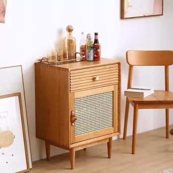Elegant Solid Wood Nightstand with Rattan Storage - Modern Moroccan Design