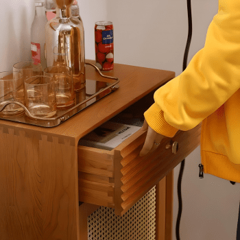 Elegant Solid Wood Nightstand with Rattan Storage - Modern Moroccan Design