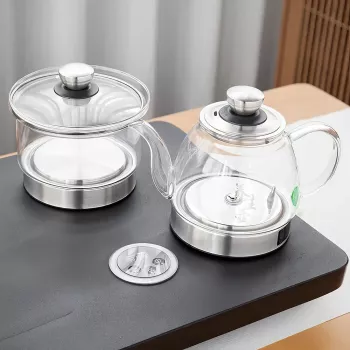 Elegant Black Stone Tea Tray Set with Glass Electric Kettle and Serving Pan