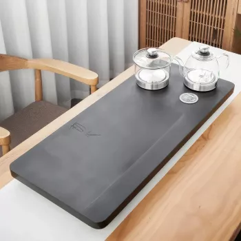Elegant Black Stone Tea Tray Set with Glass Electric Kettle and Serving Pan