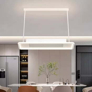64636-449315.webp A modern, rectangular bladeless LED ceiling fan light fixture hangs above a dining table in a contemporary dining room, with a kitchen visible in the background.