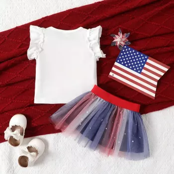 Baby Girl Unicorn Flutter Sleeve Top and Mesh Skirt Set for Independence Day