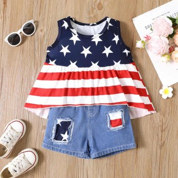 Independence Day Toddler Girl Ruffle Hem Tank Top and Denim Shorts Set