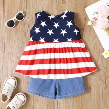 Independence Day Toddler Girl Ruffle Hem Tank Top and Denim Shorts Set