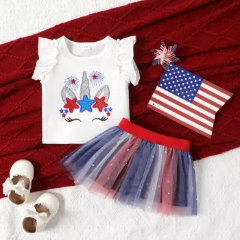 Baby Girl Unicorn Flutter Sleeve Top and Mesh Skirt Set for Independence Day