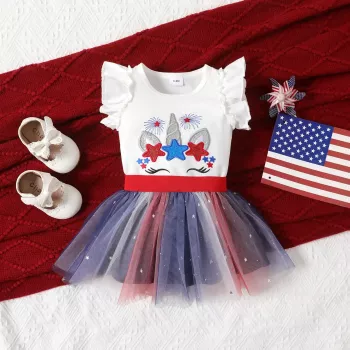 Baby Girl Unicorn Flutter Sleeve Top and Mesh Skirt Set for Independence Day