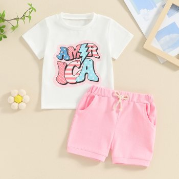 4th of July Baby Girls Outfit Set – Short Sleeve T-Shirt & Elastic Shorts