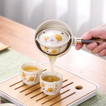 Lucky Cat Portable Porcelain Tea Set