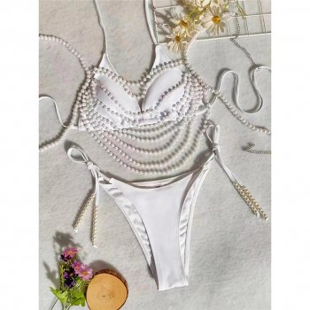 Chic Pearls and Chains Halter High Cut Three-Piece Bikini Set