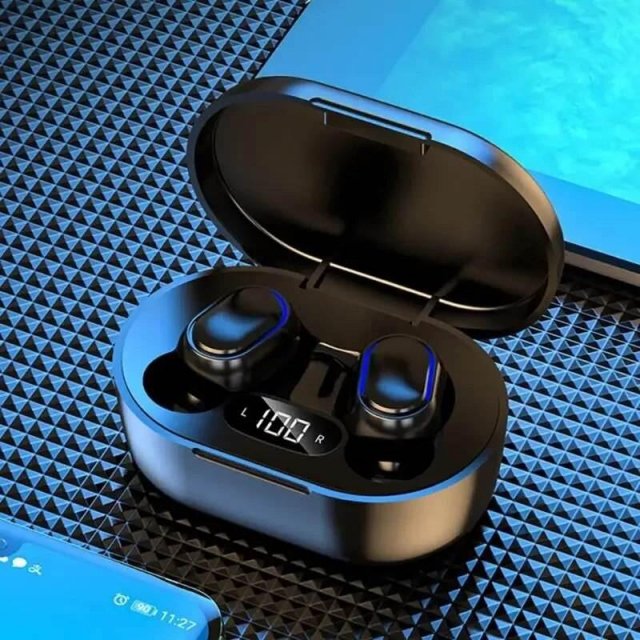 Black wireless earbuds in charging case.