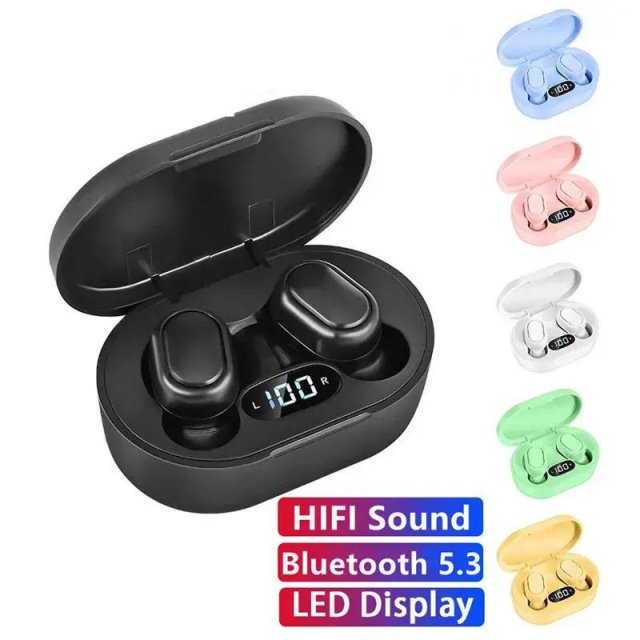 Black wireless earbuds with charging case.