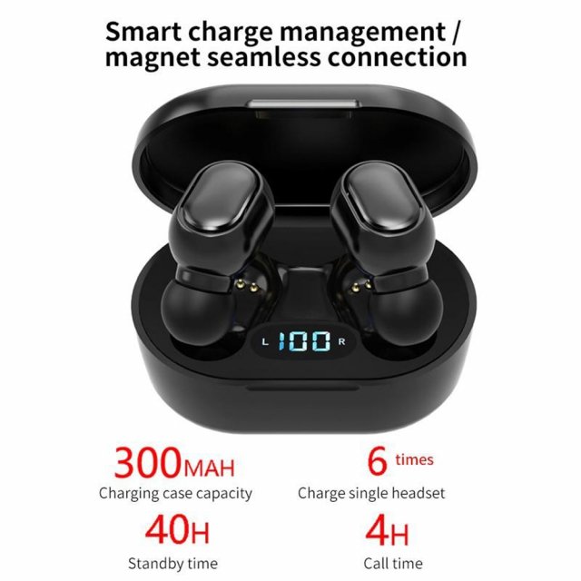 Black wireless earbuds in charging case.