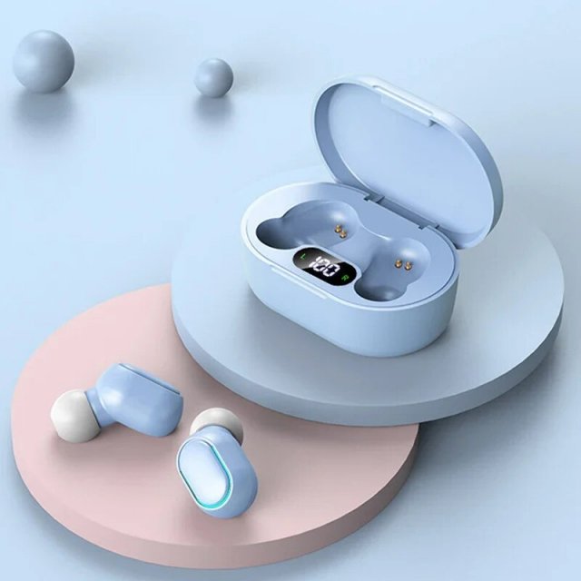 Blue wireless earbuds with charging case.