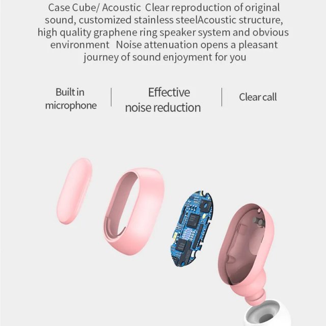 Pink wireless earbuds with noise cancellation.