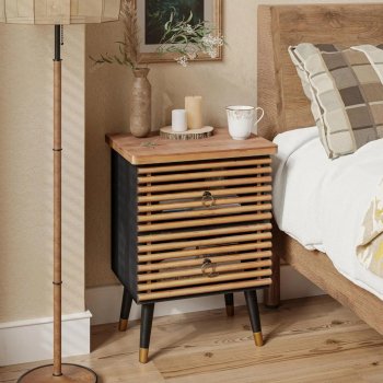 Vintage Slatted Hollow Nightstand with Brass Ring Handle