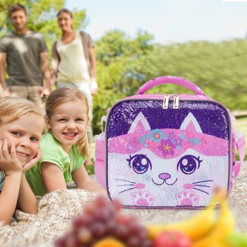 Cute Sequin Kitty Lunch Bag for Girls with Glow-in-the-Dark Function