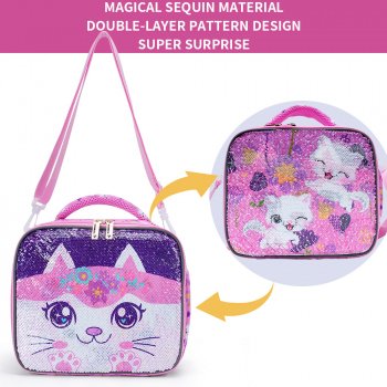 Cute Sequin Kitty Lunch Bag for Girls with Glow-in-the-Dark Function
