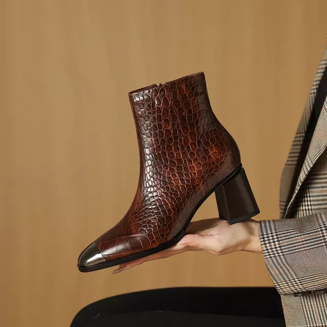 Stylish Square Toe Stone Pattern Ankle Boots