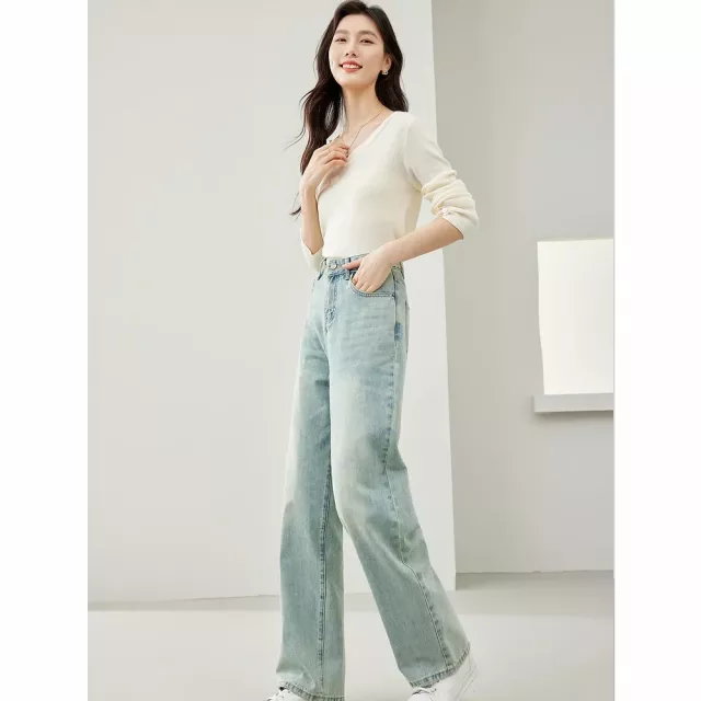 High Waist Wide Leg Denim Pants for Women - Retro Light Blue Casual Trousers
