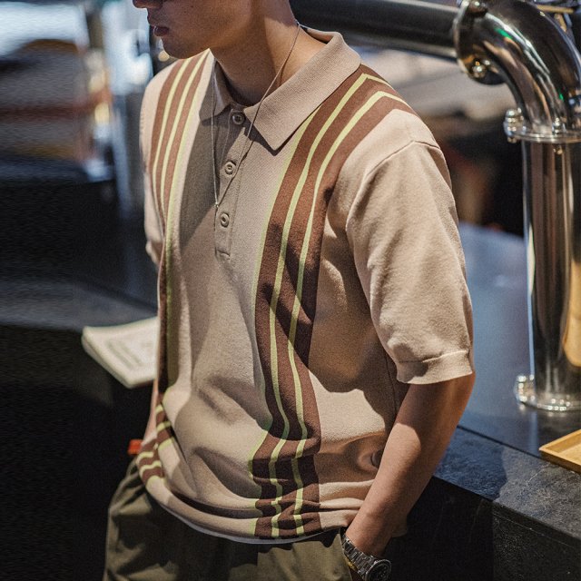 Vintage Knitted Polo Bowling Shirts with Contrast Striped Lapel