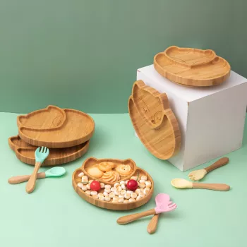 Wooden Cartoon Baby Dinner Plate Set with Safe Silicone Fork & Spoon - Ideal for Children Feeding