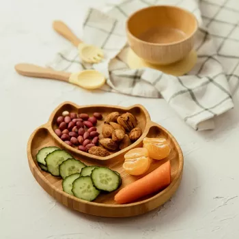 Wooden Cartoon Baby Dinner Plate Set with Safe Silicone Fork & Spoon - Ideal for Children Feeding
