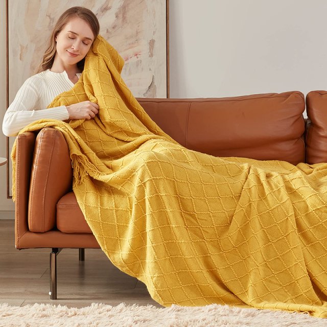 Cozy Mustard Yellow Knitted Throw Blanket - Image 3