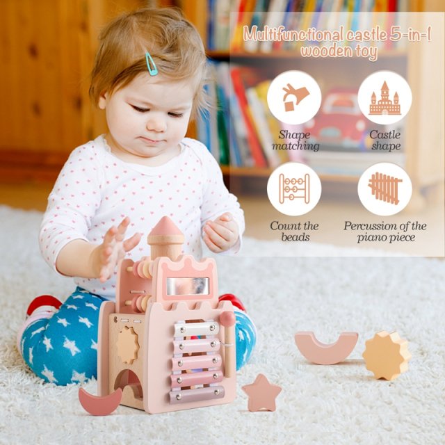 5-in-1 Baby Wooden Montessori Castle Stacking Blocks Puzzle Game - Image 5