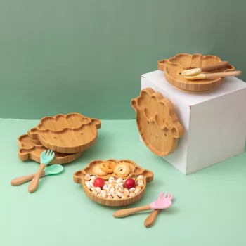 Wooden Cartoon Baby Dinner Plate Set with Safe Silicone Fork & Spoon - Ideal for Children Feeding