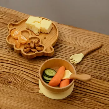 Wooden Cartoon Baby Dinner Plate Set with Safe Silicone Fork & Spoon - Ideal for Children Feeding