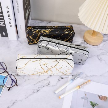 Elegant Marbled PU Leather Pencil Case - Large Capacity Black Stationery Pouch