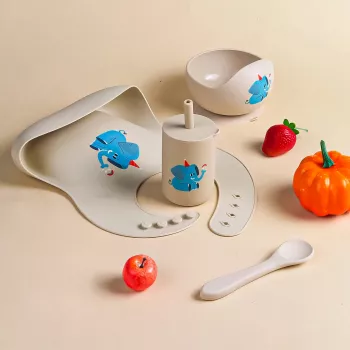 4-Piece Silicone Baby Feeding Set with Bowl, Bib, Fork & Spoon – BPA Free Toddler Tableware