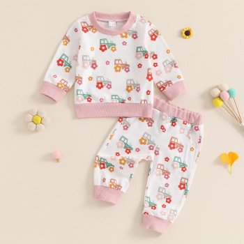 Little Girls Floral Tractor Print Long Sleeve Fall Set - 2PCS Outfit