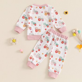 Little Girls Floral Tractor Print Long Sleeve Fall Set - 2PCS Outfit
