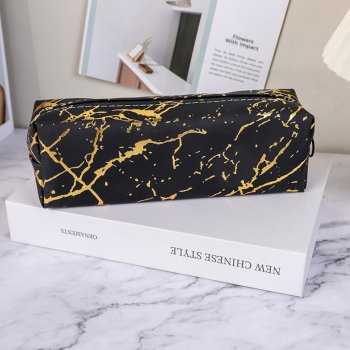 Elegant Marbled PU Leather Pencil Case - Large Capacity Black Stationery Pouch