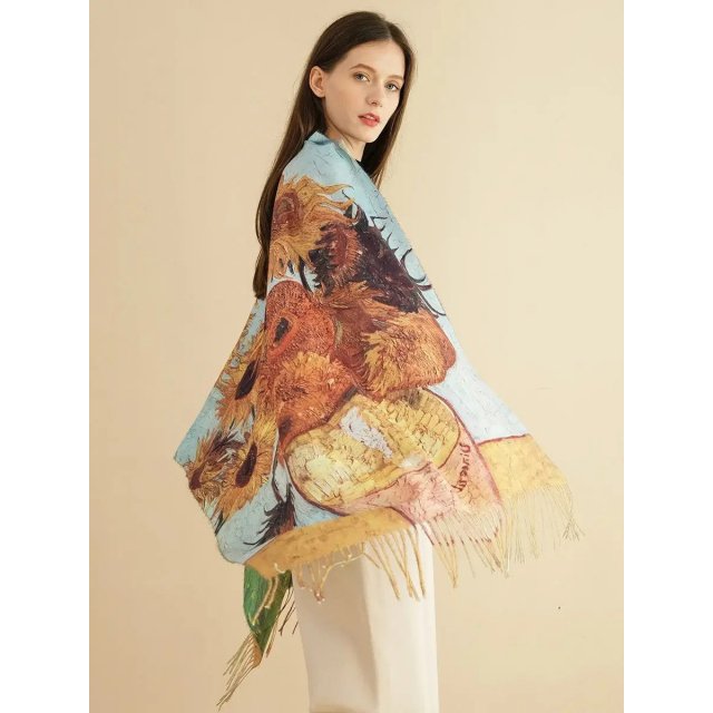 Sunflower Print Cashmere Shawl - Luxury Van Gogh Inspired Pashmina Wrap - Image 5