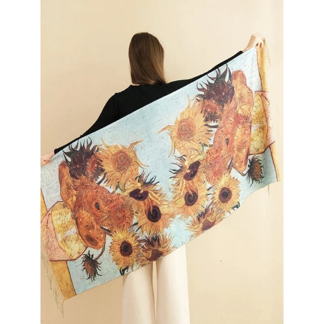 Sunflower Print Cashmere Shawl - Luxury Van Gogh Inspired Pashmina Wrap - Image 6