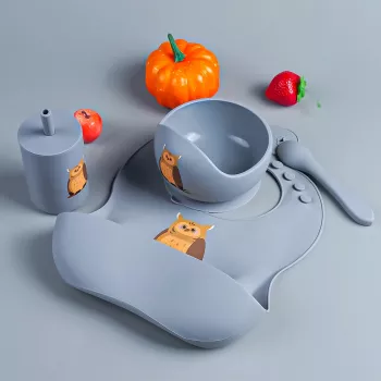 4-Piece Silicone Baby Feeding Set with Bowl, Bib, Fork & Spoon – BPA Free Toddler Tableware