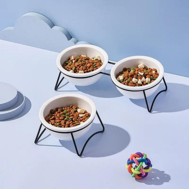 Cat Ceramic Double Food and Water Bowls with Stand - Pet Neck Guard Feeders