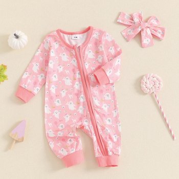 Baby Girls Halloween Skull & Ghost Long Sleeve Jumpsuit with Headband